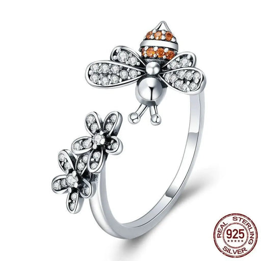 925 Sterling Silver Trendy Bee & Daisy Flower Finger Rings
