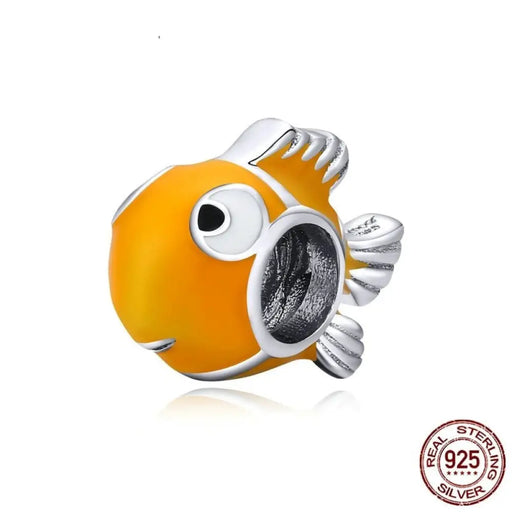 925 Sterling Silver Yellow Enamel Clownfish Metal Charm For