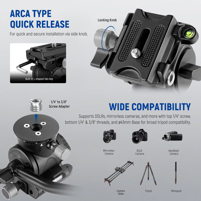 Aluminum Fluid Tripod Head With Handle & Arca Quick Release For Dslr Camera