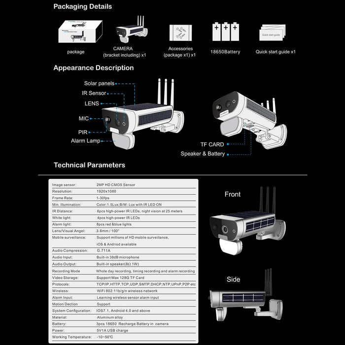 T8 1080P Full Hd Solar Battery Ultra Low Power Sound Light Alarm Network Camera Support Motion Detection Night Vision Two Way Audio Tf Card