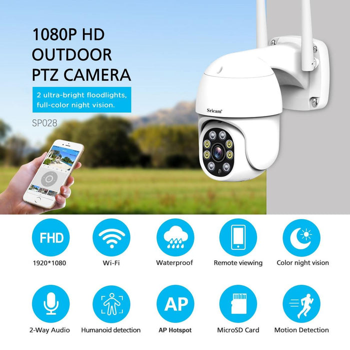 1080P Hd Outdoor Ptz Camera Support Two Way Audio / Motion Detection / Humanoid Detection / Colour Night Vision / Tf Card