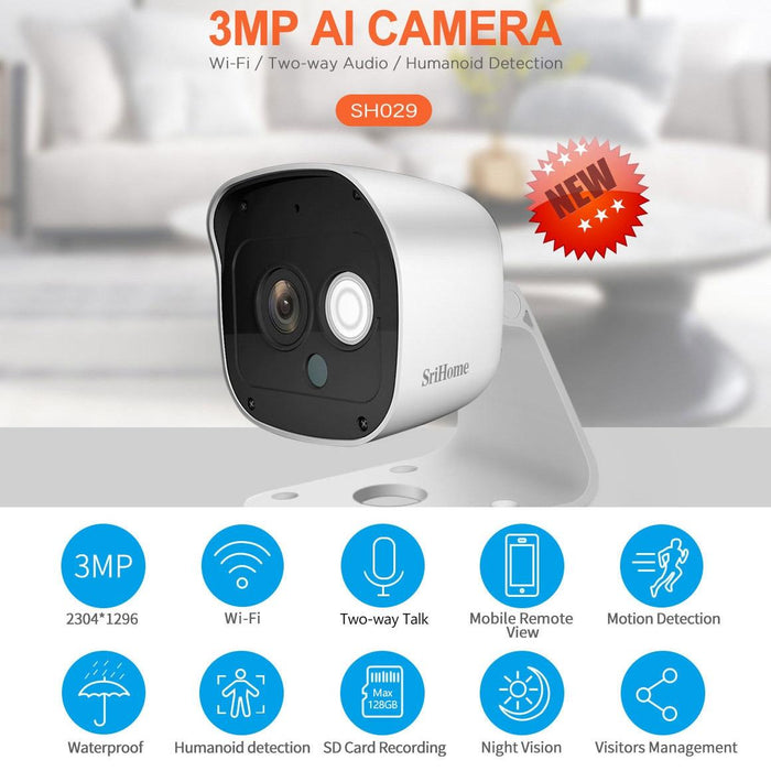 3.0 Million Pixels 1296P Hd Ai Camera Support Two Way Talk / Motion Detection / Humanoid Detection / Night Vision / Tf Card