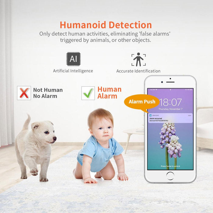 3.0 Million Pixels 1296P Hd Ai Camera Support Two Way Talk / Motion Detection / Humanoid Detection / Night Vision / Tf Card