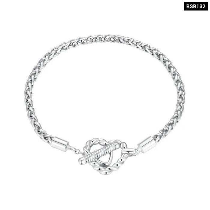 Womens 925 Sterling Silver Punk Style Braided Silver Chain Link Heart-Shaped Buckle Basic Bracelet Pave Setting Cz