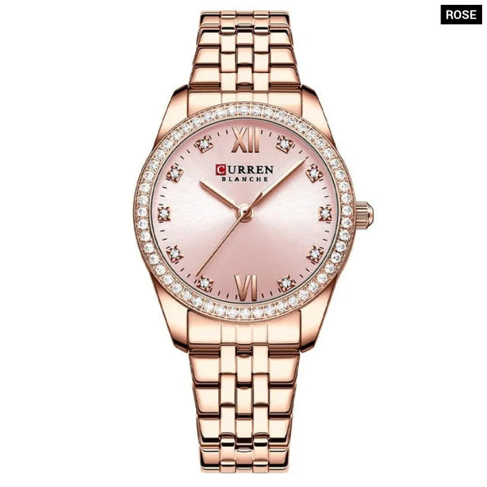 Stainless Steel Charming Rhinestone Rose Dial Quartz Watches For Women