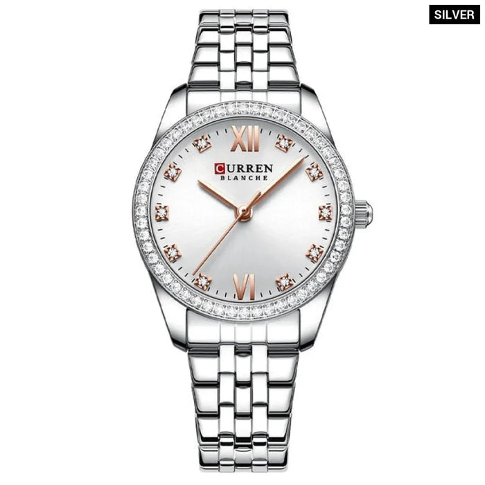 Stainless Steel Charming Rhinestone Rose Dial Quartz Watches For Women