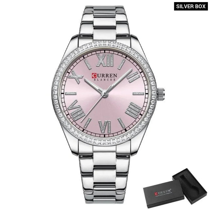 Stainless Steel Elegant Rhinestones Thin Luminous Quartz Wristwatch