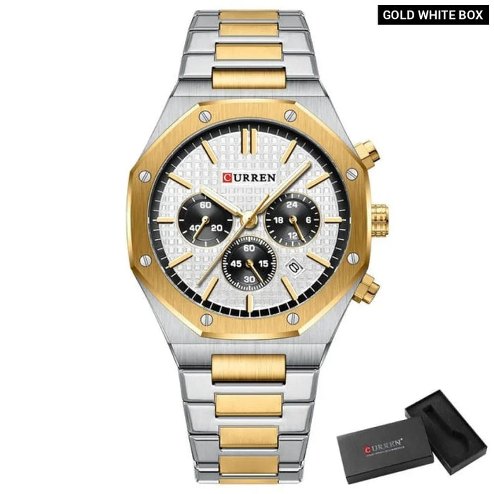 Fashion Casual Stainless Steel Band Quartz Wristwatches With Chronograph Waterproof Men's Watches