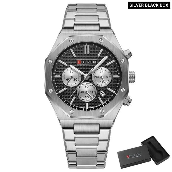 Fashion Casual Stainless Steel Band Quartz Wristwatches With Chronograph Waterproof Men's Watches