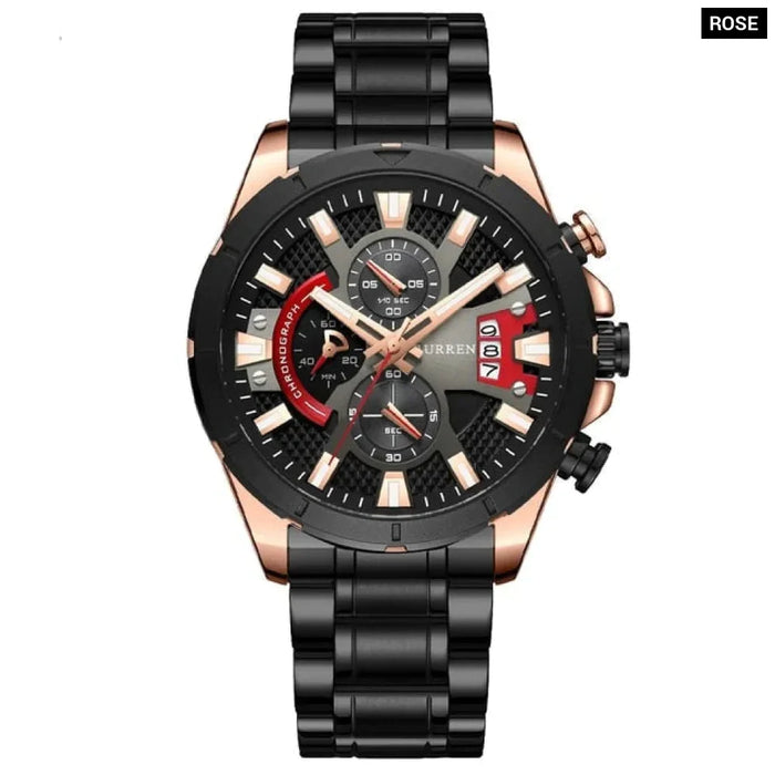 Fashion Wristwatches Mens Quartz Stainless Steel Band Casual Sport Chronograph Watches Black Luminous Clcok Male