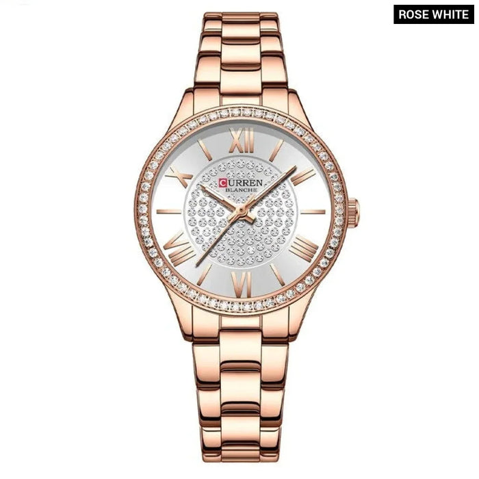 Stainless Steel Rhinestones Rose Dial Quartz Wristwatches For Women