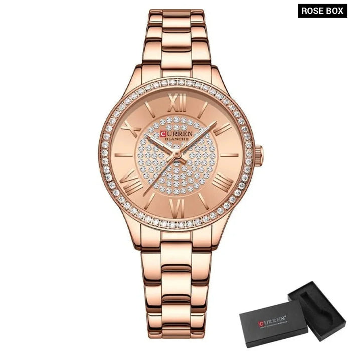 Stainless Steel Rhinestones Rose Dial Quartz Wristwatches For Women