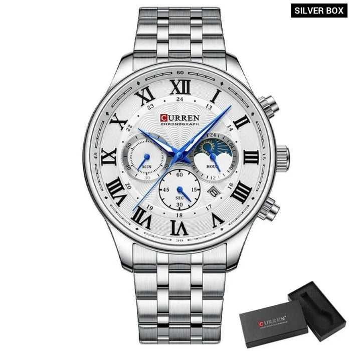 Fashion Casual Quartz Watches For Men Sporty Chronograph Stainless Steel Band Wristwatches Male