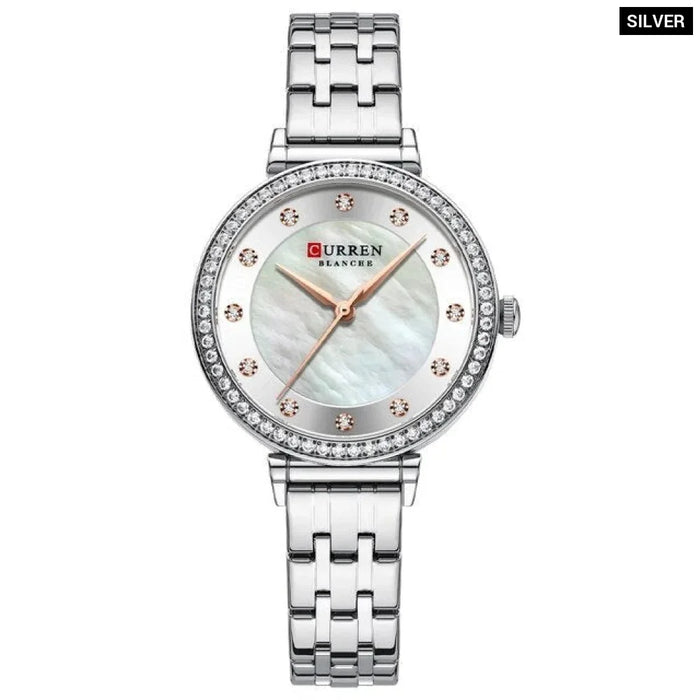 Ladies Quartz Watches With Shells Dial Stainless Steel Bracelet Wristwatch For Women Rhinestones Clock