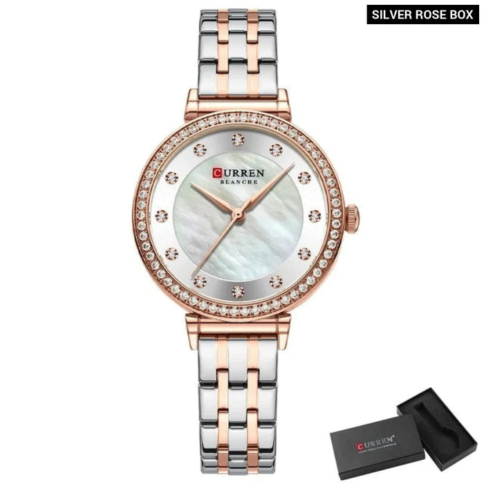 Ladies Quartz Watches With Shells Dial Stainless Steel Bracelet Wristwatch For Women Rhinestones Clock