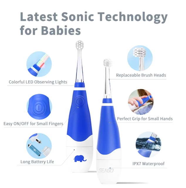 Led Kids Electric Toothbrush Waterproof Sonic Brush Replaceable Heads