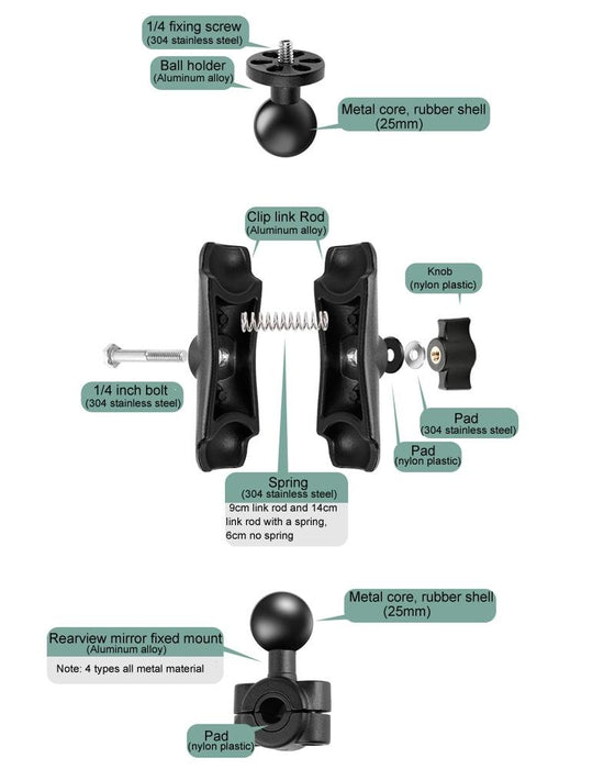 1/4 Screw 25mm Ball Head Motorcycle Mount Holder