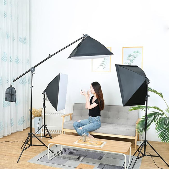 50X70Cm Single Light Softbox & 2M Photography Lighting Tripod Mount Stand & Arm Jib Crossbar Bracket Studio Flash Light Set