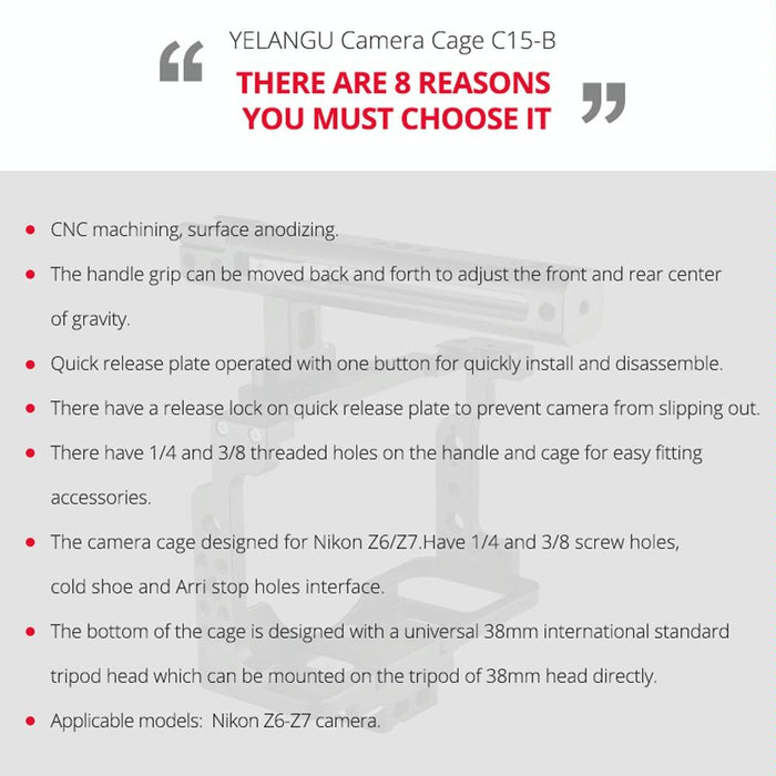 Video Camera Cage Stabilizer With Handle For Nikon Z6 / Z7 - Black