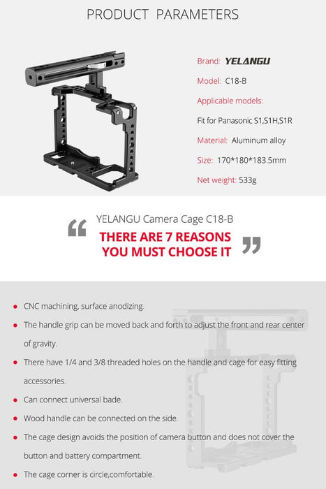 C18 Ylg0915A-B Video Camera Cage Stabilizer With Handle For Panasonic Lumix Dc-S1H / Dc-S1 / Dc-S1R Black