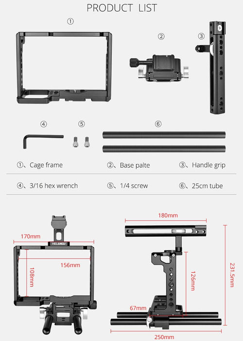 C18 Ylg0915A-C Video Camera Cage Stabilizer With Handle & Rail Rod Mount For Panasonic Lumix Dc-S1H / Dc-S1 / Dc-S1R Black