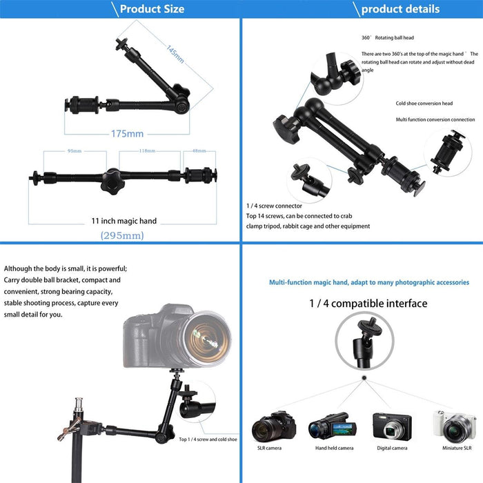 11 Inch Adjustable Friction Articulating Magic Arm & Large Claws Clips