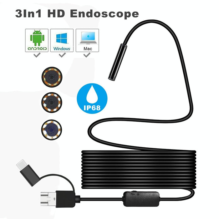 Y101 8Mm Spiral Head 3 In 1 Waterproof Digital Endoscope Inspection Camera Length 2M Flexible Cable Black