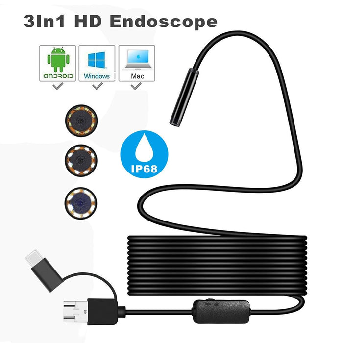 8Mm Spiral Head 3 In 1 Waterproof Digital Endoscope Inspection Camera Length 5M Hard Cable Black