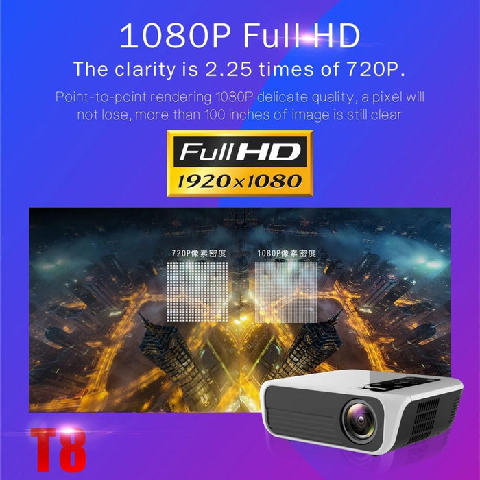 T8 1920X1080 Portable Home Theater Office Full Hd Mini Led Projector With Remote Control Built-In Speaker Supports Usb / Hdmi / Av / Ir Same Screen Version