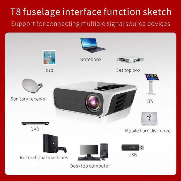 T8 1920X1080 Portable Home Theater Office Full Hd Mini Led Projector With Remote Control Built-In Speaker Supports Usb / Hdmi / Av / Ir Multi-Media Version