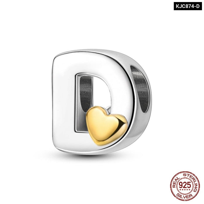 Womens 925 Sterling Silver Classic Golden Heart 26 Alphabet Letters Charms Beads Fit Pandora Bracelets Lucky Diy Jewellery
