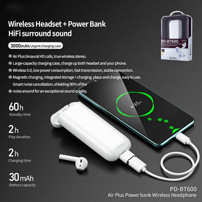 Pd-Bt600 Air Plus Multi-Function Power Bank Wireless Bluetooth 5.0 Earphone White