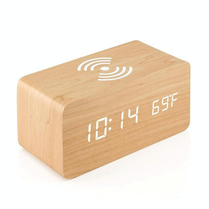 5W Wooden Wireless Charger With Led Mirror Display And Sub Alarm Clock