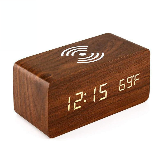 5W Wooden Wireless Charger With Led Mirror Display And Sub Alarm Clock