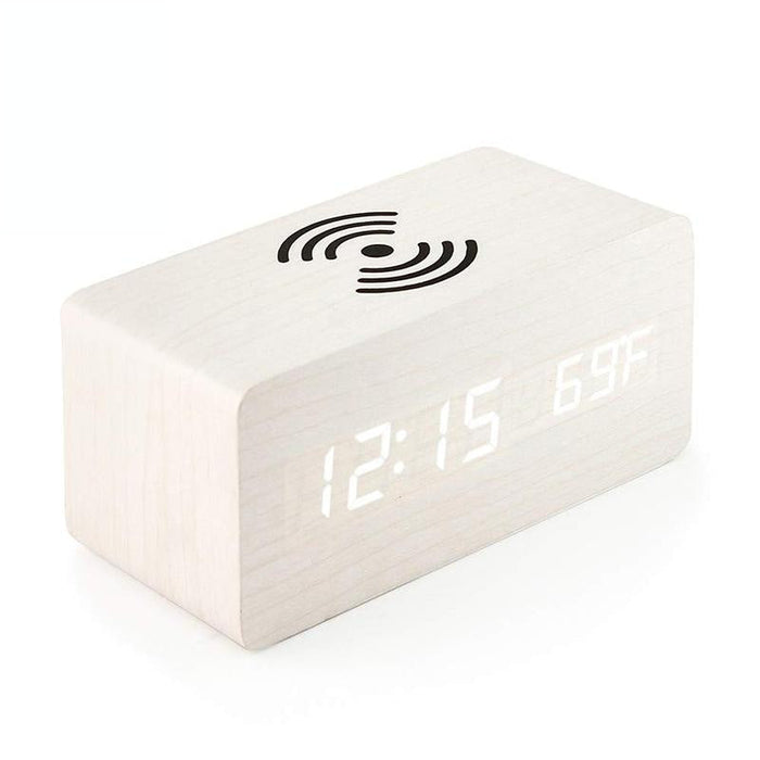 5W Wooden Wireless Charger With Led Mirror Display And Sub Alarm Clock