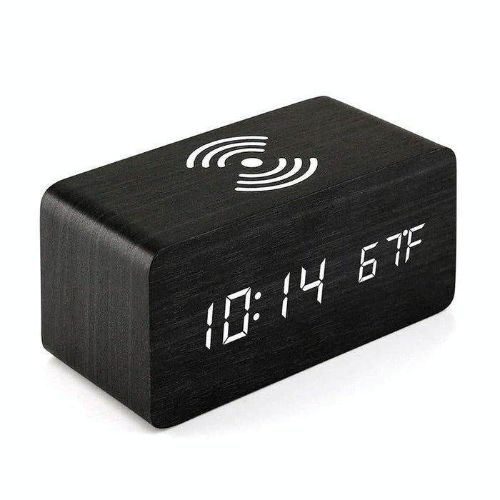 5W Wooden Wireless Charger With Led Mirror Display And Sub Alarm Clock