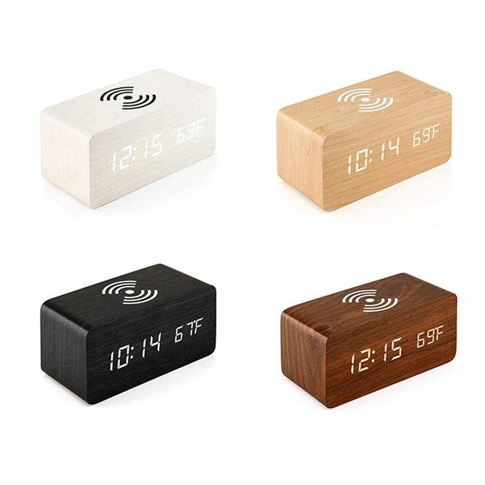 5W Wooden Wireless Charger With Led Mirror Display And Sub Alarm Clock