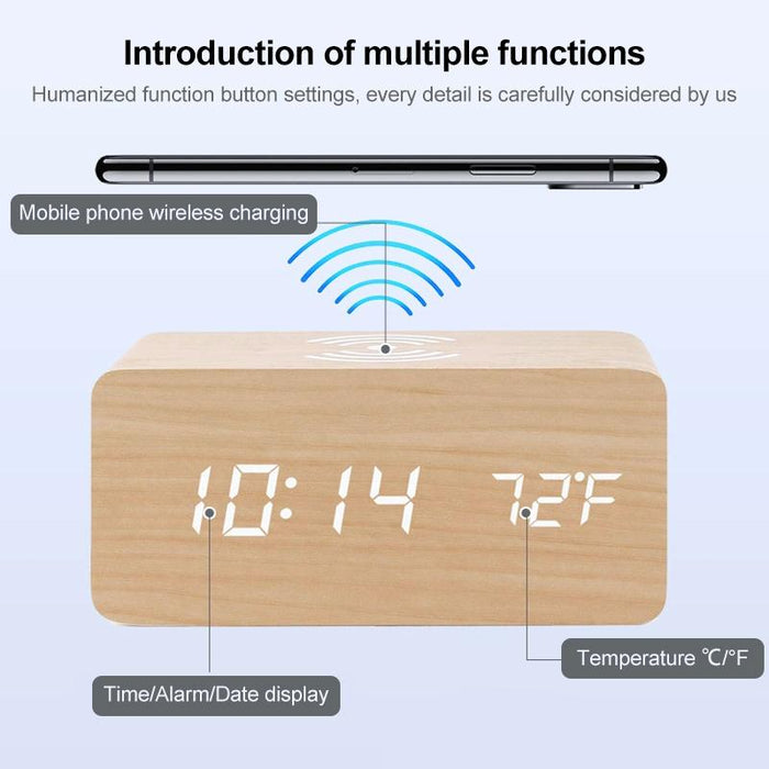 5W Wooden Wireless Charger With Led Mirror Display And Sub Alarm Clock