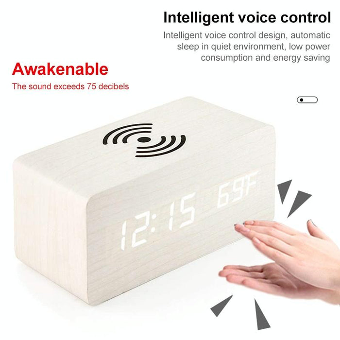 5W Wooden Wireless Charger With Led Mirror Display And Sub Alarm Clock