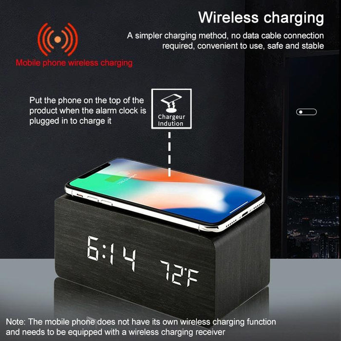 5W Wooden Wireless Charger With Led Mirror Display And Sub Alarm Clock