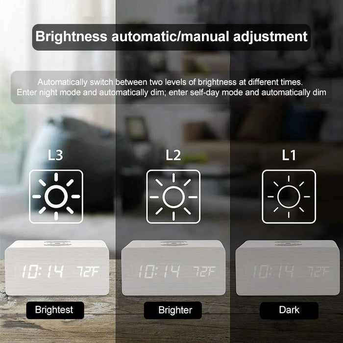 5W Wooden Wireless Charger With Led Mirror Display And Sub Alarm Clock