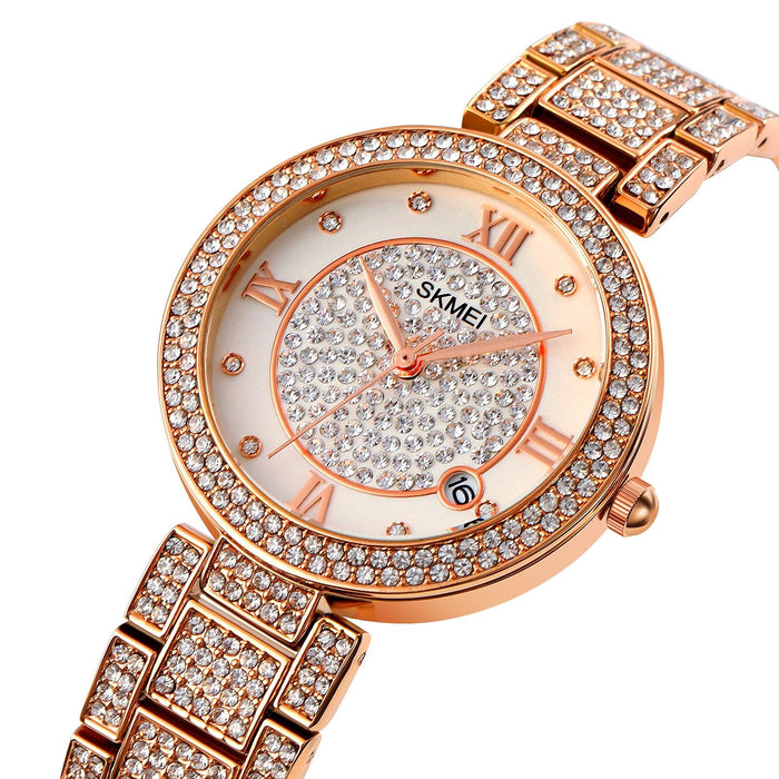 Women Quartz Watch with Diamond Roman Numerals and Round