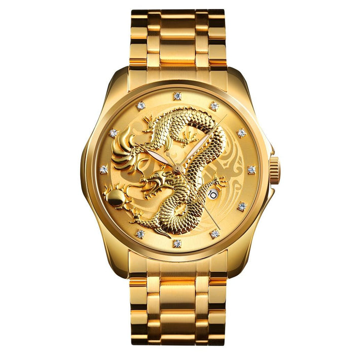 Men Golden Dragon Calendar Dial Quartz Watch with Luminous