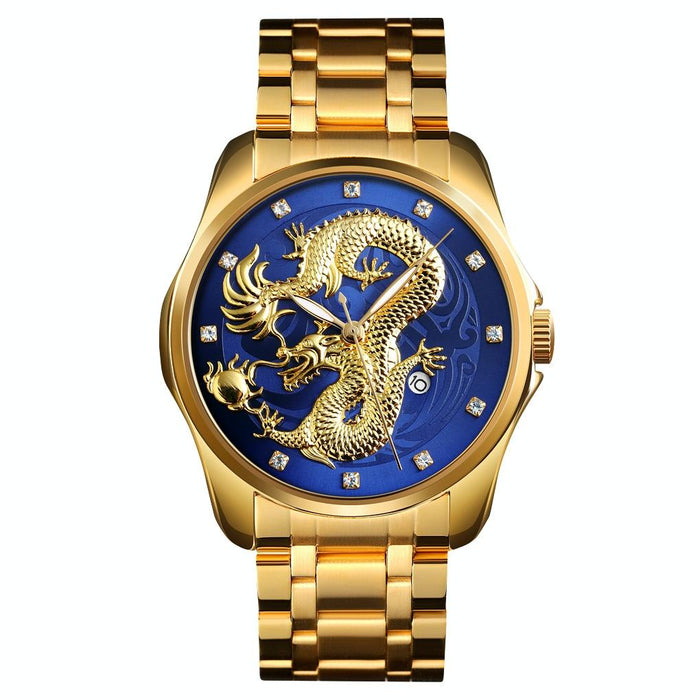 Men Golden Dragon Calendar Dial Quartz Watch with Luminous