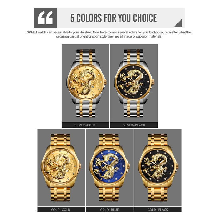 Men Golden Dragon Calendar Dial Quartz Watch with Luminous
