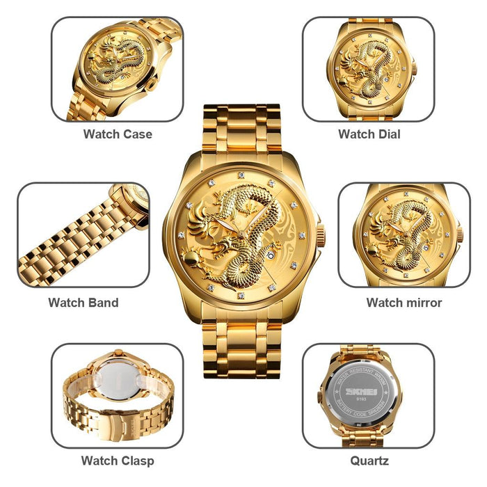 Men Golden Dragon Calendar Dial Quartz Watch with Luminous