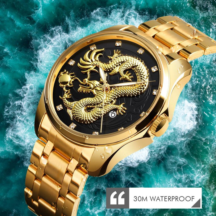 Men Golden Dragon Calendar Dial Quartz Watch with Luminous
