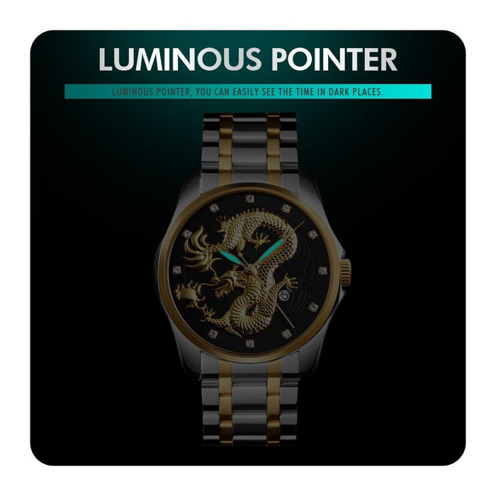 Men Golden Dragon Calendar Dial Quartz Watch with Luminous
