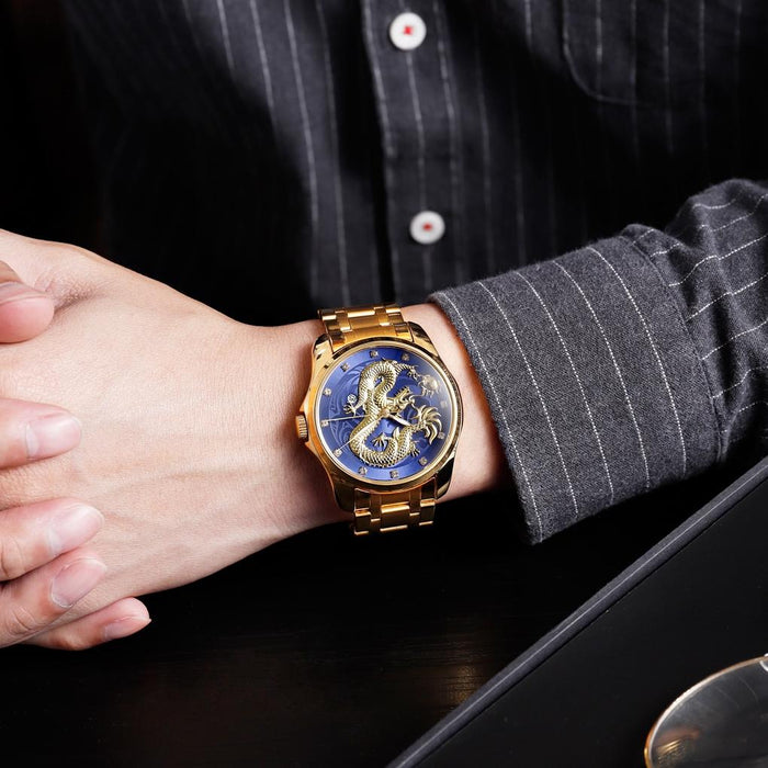 Men Golden Dragon Calendar Dial Quartz Watch with Luminous
