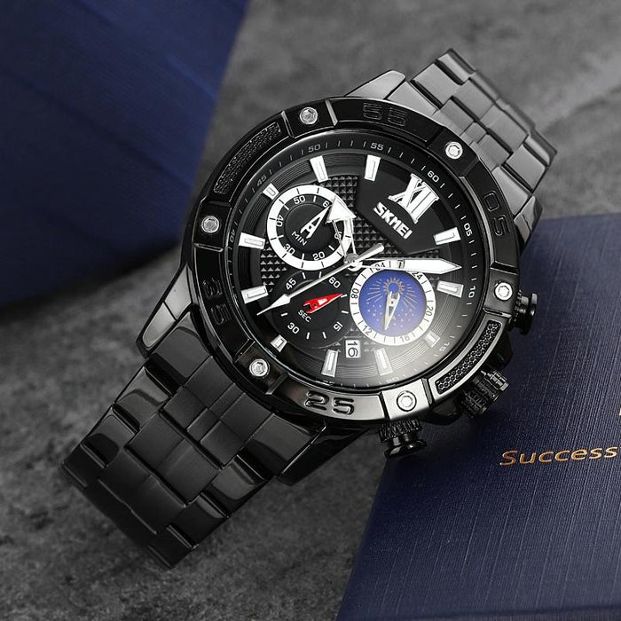 Stainless Steel Men Moonphase Quartz Watch with Strap
